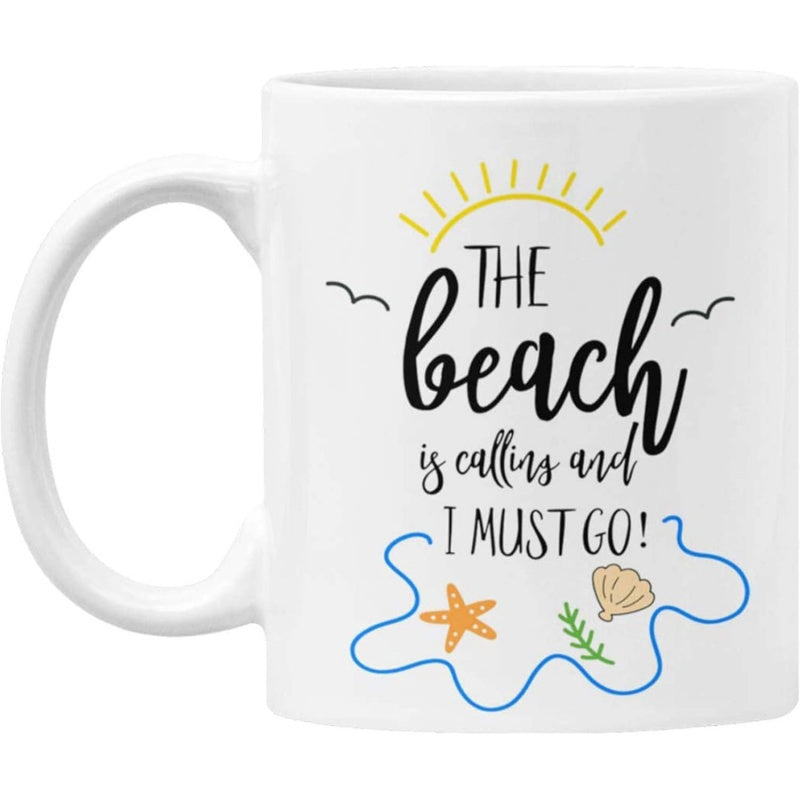 Tailorly White Ceramic 11 oz Mug - The Beach Is Calling And I Must Go Radiant Yellow Sun Above Gentle Blue Waves With Starfish And Seashell Mug
