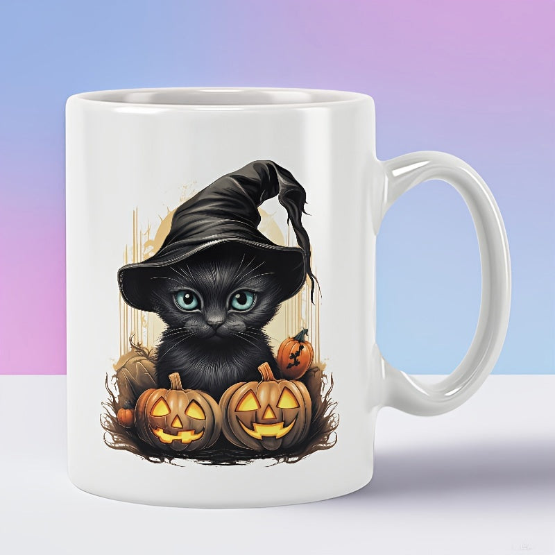 Tailorly White Ceramic 11 oz Mug - Adorable Witch Hat Kitten Sitting Behind Glowing Halloween Spooky Pumpkins Cat