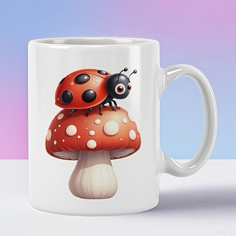Tailorly White Ceramic 11 oz Mug - Cute Red Spotted Mushroom With A Friendly Tiny Cartoon Ladybug