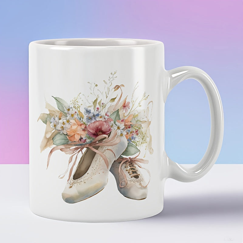 Tailorly White Ceramic 11 oz Mug - Elegant Watercolor Floral Arrangement Nestled Within Graceful Ribbon Tied Satin Ballet Shoes
