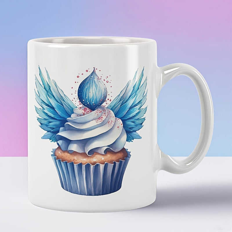Tailorly White Ceramic 11 oz Mug - Sweet Fantasy Dessert With Vibrant Blue Wings And Creamy Frosting Cupcake