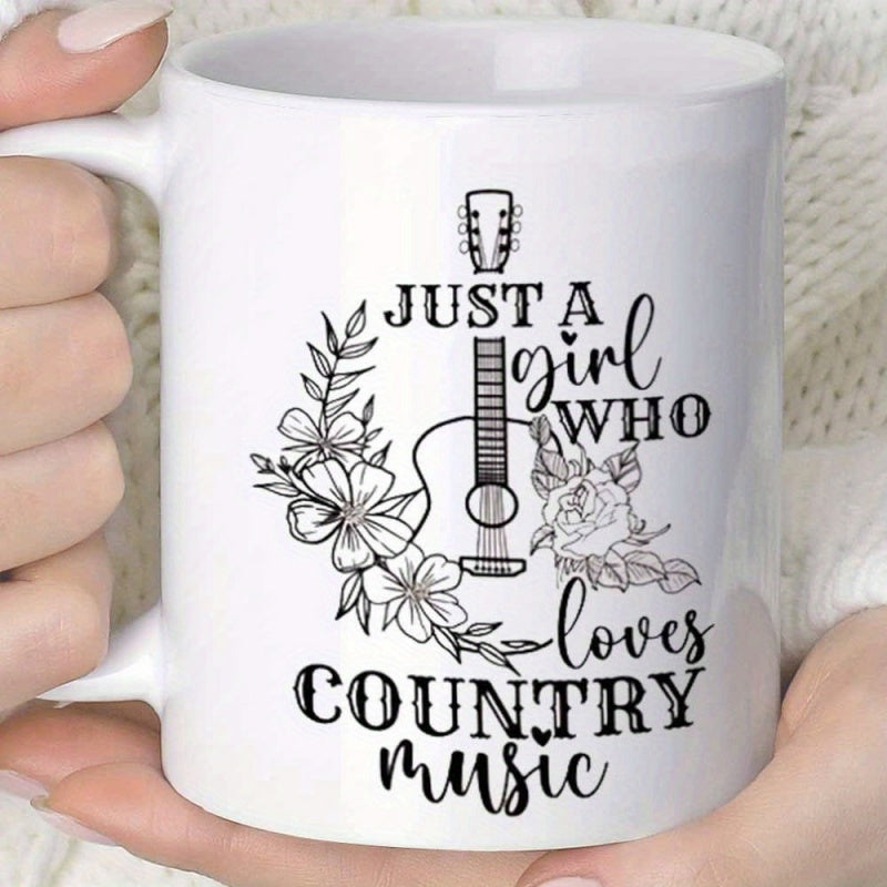 Tailorly White Ceramic 11 oz Mug - Just A Girl Who Loves Country Music Elegant Outline Of Acoustic Guitar Decorated With Delicate Floral Vines Guitar
