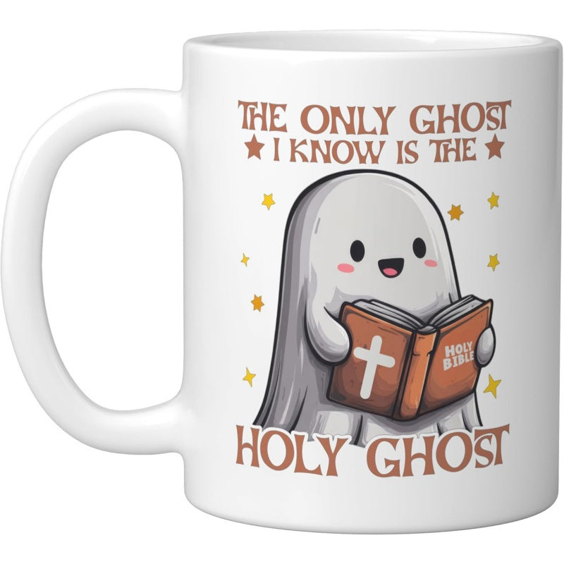 Tailorly White Ceramic 11 oz Mug - The Only Ghost I Know Is The Holy Ghost Adorable Cartoon Figure Holding A Holy Bible Under Shining Stars Ghost