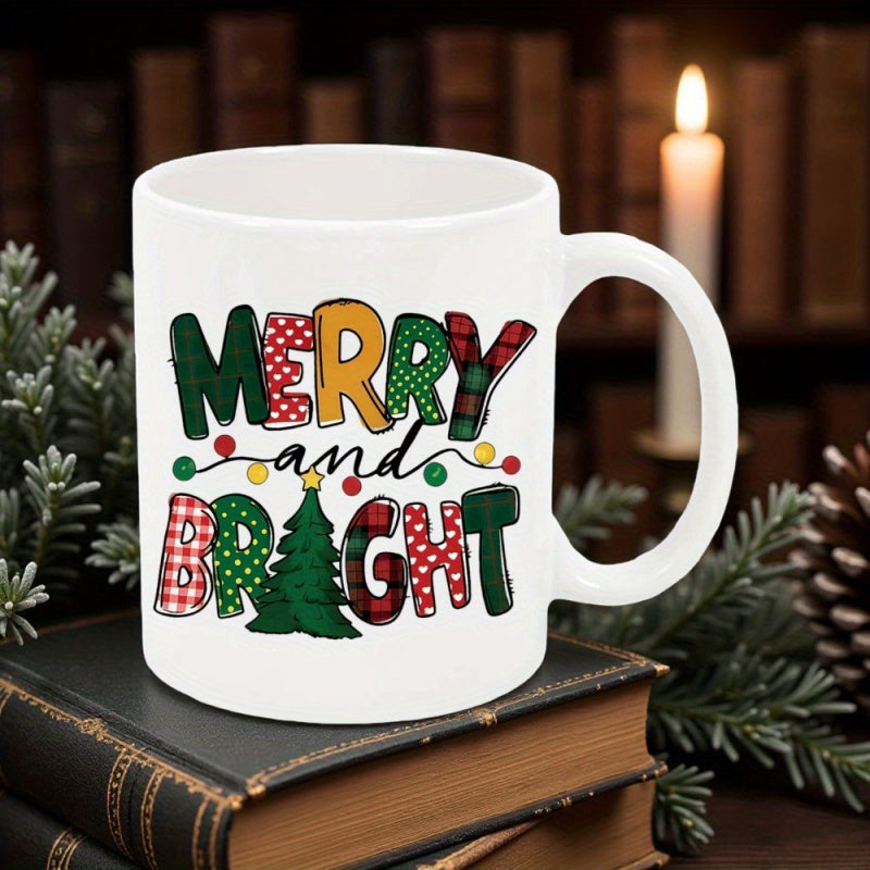 Tailorly White Ceramic 11 oz Mug - Merry And Bright Festive Colorful Patterned Letters With A Tiny Green Christmas Tree