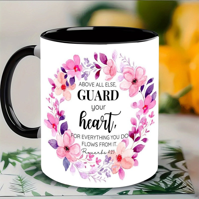 Tailorly Black Accent 11 oz Mug - heart with floral scripture rim