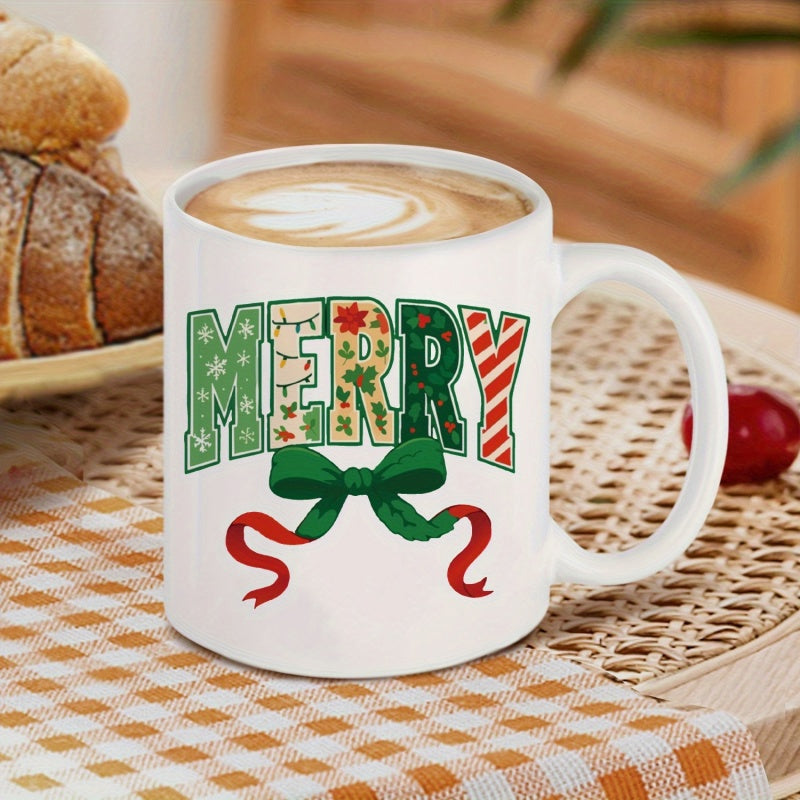 Tailorly White Ceramic 11 oz Mug - Merry Festive Holiday Patterns Filled Inside Bold Letters Above A Green Ribbon