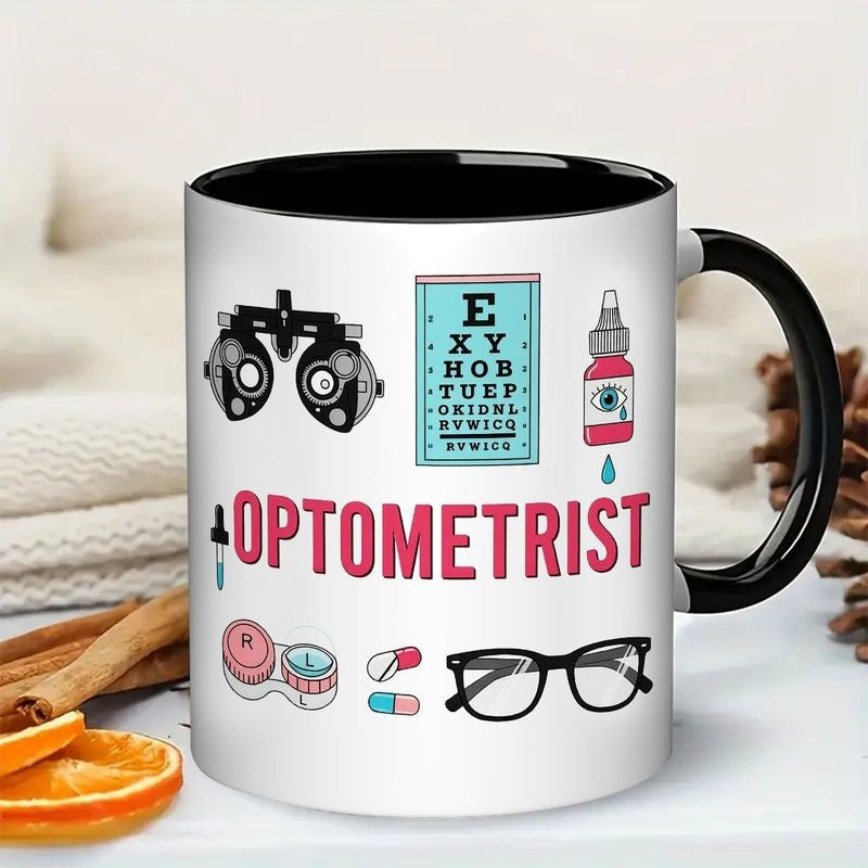 Tailorly Black Accent 11 oz Mug - funny optometry tools with glasses and eye chart