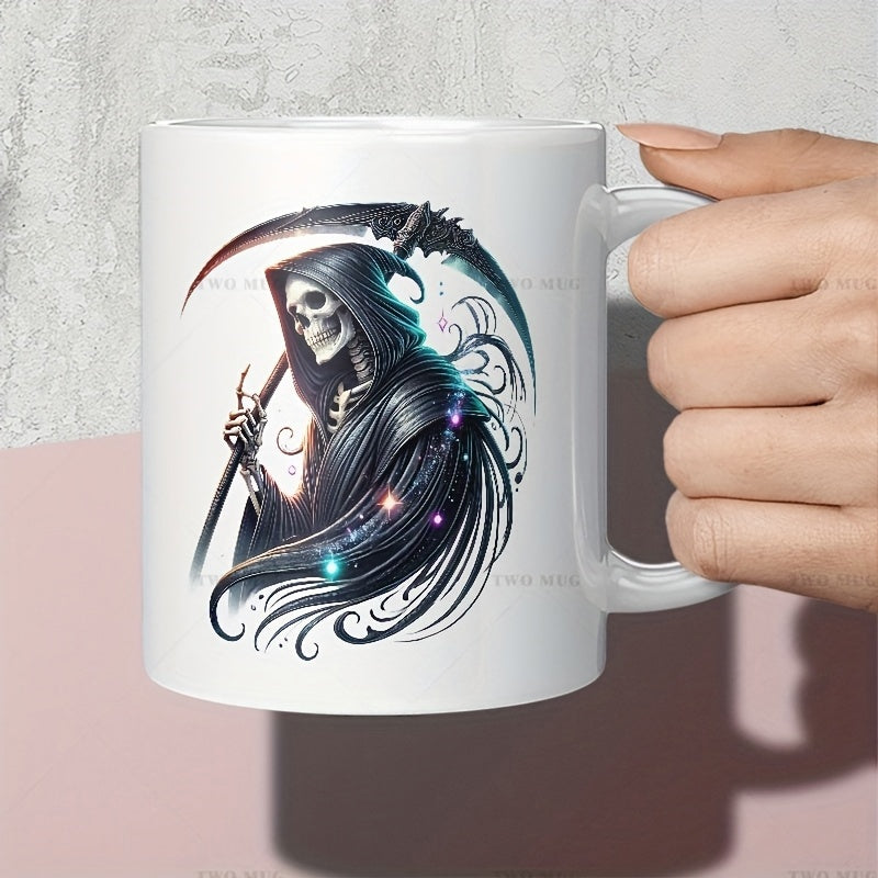 Tailorly White Ceramic 11 oz Mug - Mystical Grim Reaper Holding Sharp Curved Scythe Amidst Swirling Ethereal Smoke Reaper