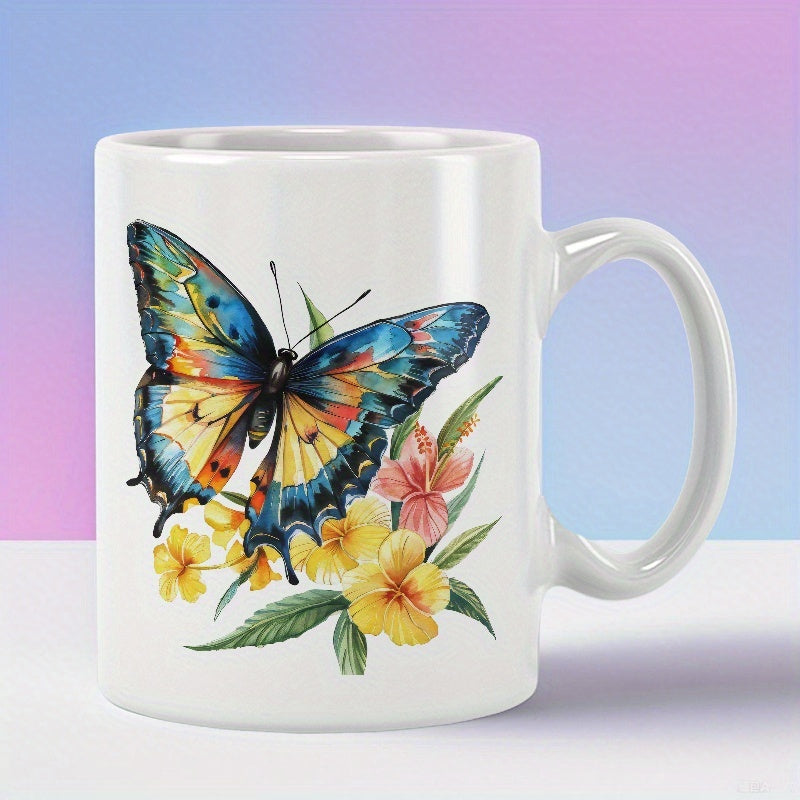 Tailorly White Ceramic 11 oz Mug - Colorful Watercolor Wings Resting On Vibrant Blooming Spring Petals Butterfly