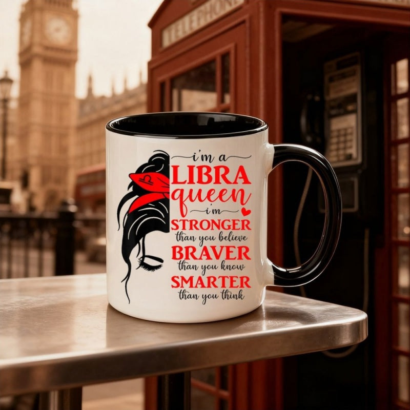 Tailorly Black Accent 11 oz Mug - libra queen illustration with red ribbon and woman profile