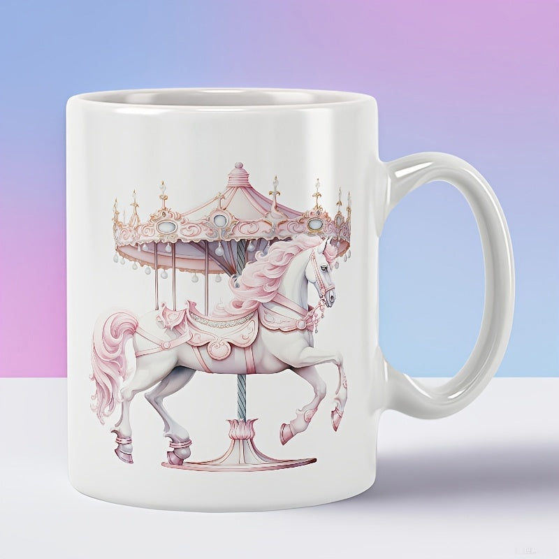 Tailorly White Ceramic 11 oz Mug - Vintage Ornate Pink Carousel Under Decorative Canopy With Elegant Flowing Mane Horse