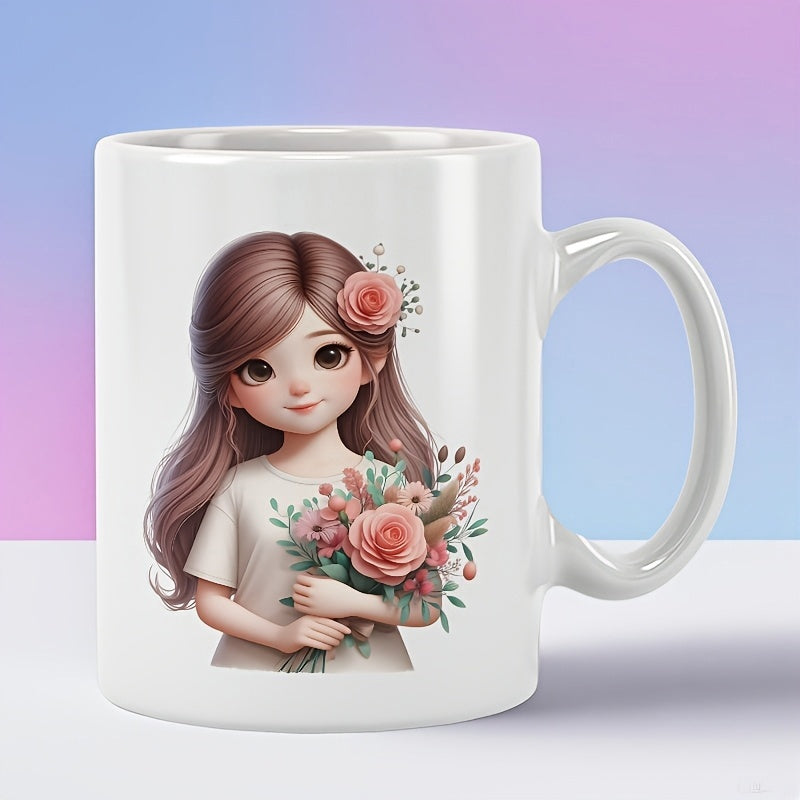 Tailorly White Ceramic 11 oz Mug - Lovely Animated Character Holding Beautiful Pink Roses With Soft Brown Hair Girl