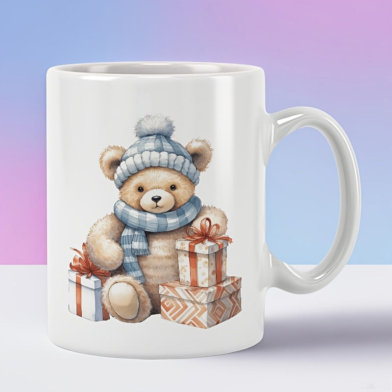 Tailorly White Ceramic 11 oz Mug - Adorable Illustrated Toy Wearing Blue Scarf And Hat Among Seasonal Gift Boxes Bear