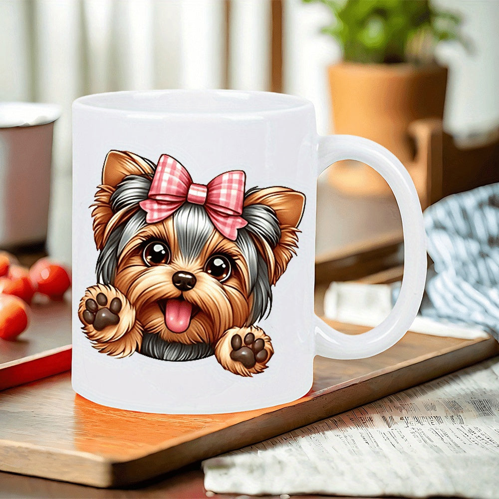 Tailorly White Ceramic 11 oz Mug - Adorable Cartoon Dog Wearing Pink Plaid Bow With Paws Raised Yorkshire Terrier