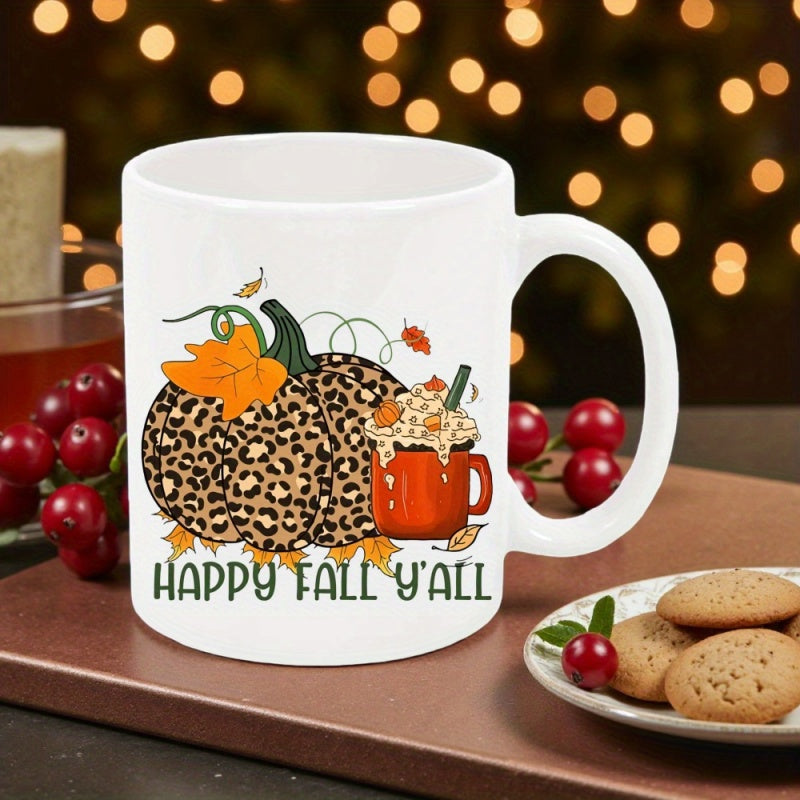Tailorly White Ceramic 11 oz Mug - Happy Fall Yall Leopard Patterned Pumpkin Among Falling Autumn Leaves With Cozy Coffee Pumpkin