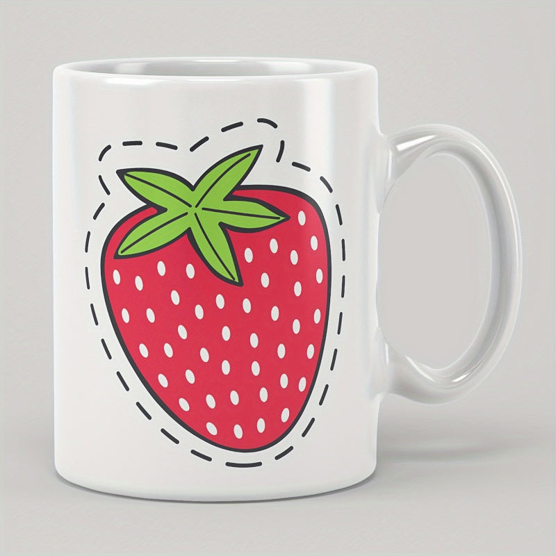 Tailorly White Ceramic 11 oz Mug - Vibrant Red Ripening Fruit With Green Leaves And Dashed Outline Strawberry