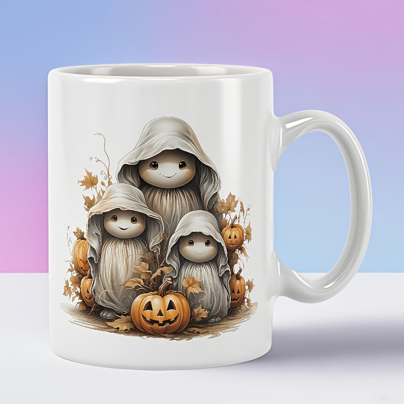 Tailorly White Ceramic 11 oz Mug - Adorable Halloween Spirits Nestled Among Carved Orange Pumpkins And Falling Autumn Leaves Ghost