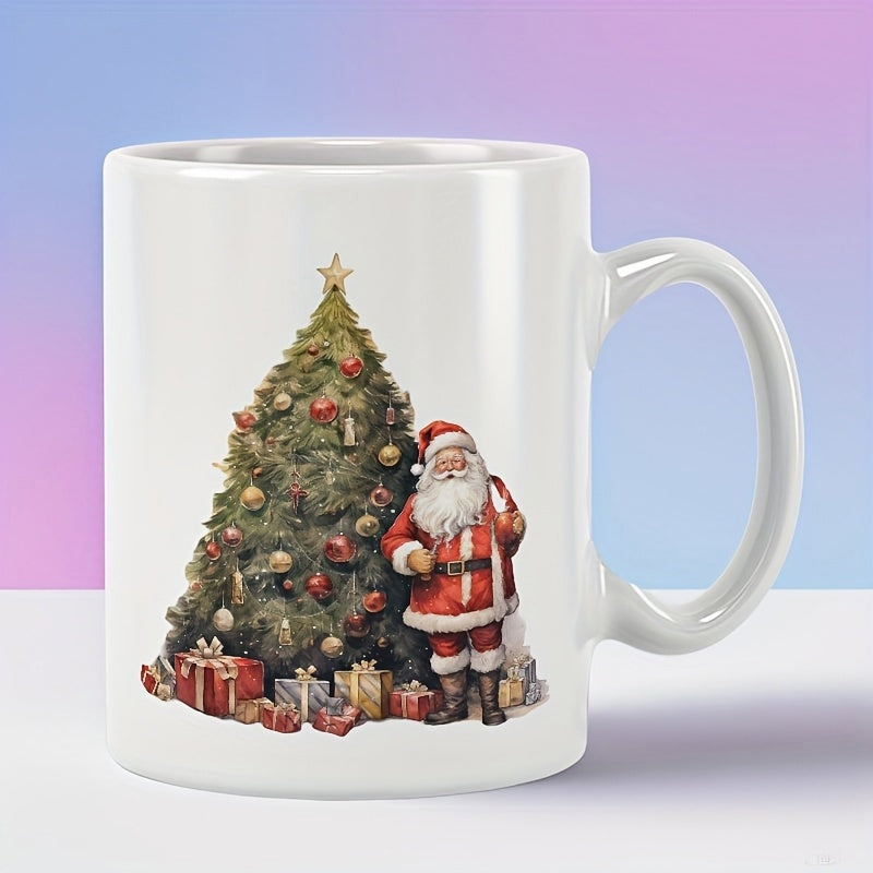 Tailorly White Ceramic 11 oz Mug - Traditional Christmas Tree Surrounded By Colorful Presents Next To Santa Claus