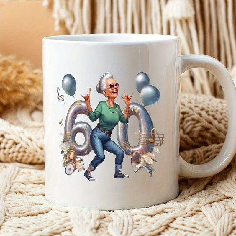 Tailorly White Ceramic 11 oz Mug - Energetic Elderly Woman Celebrating Birthday With Metallic Balloons And Musical Notes Grandmother