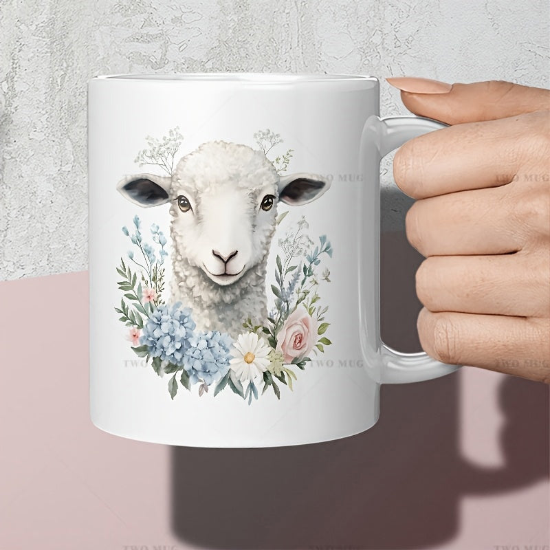 Tailorly White Ceramic 11 oz Mug - Delicate Watercolor Portrait Among Blooming Pastel Spring Garden Flowers Lamb