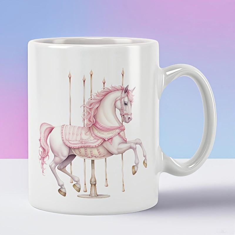 Tailorly White Ceramic 11 oz Mug - Vintage Elegant Pink And White Ornate Carousel Amusement Park Ride Horse