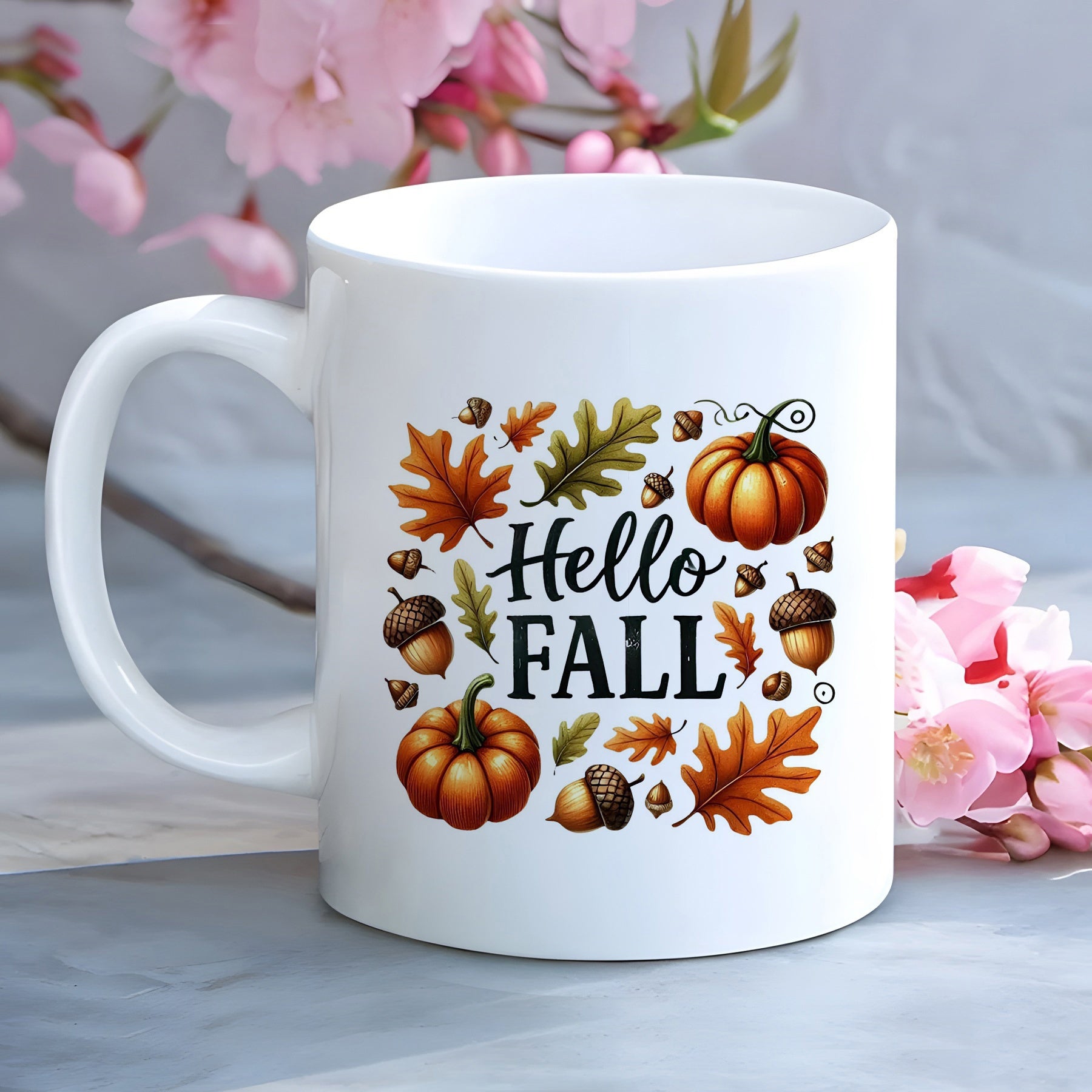 Tailorly White Ceramic 11 oz Mug - Hello Fall Decorative Orange Pumpkins Surrounded By Colorful Autumn Leaves And Small Acorns Pumpkin