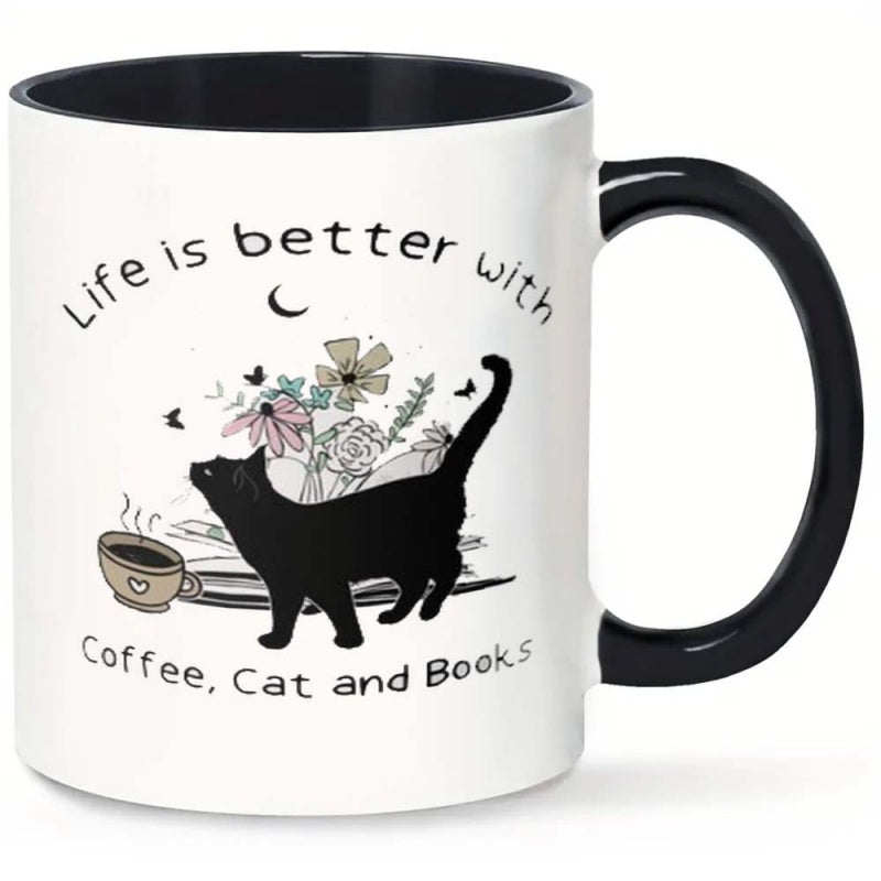 Tailorly Black Accent 11 oz Mug - cat and books illustration