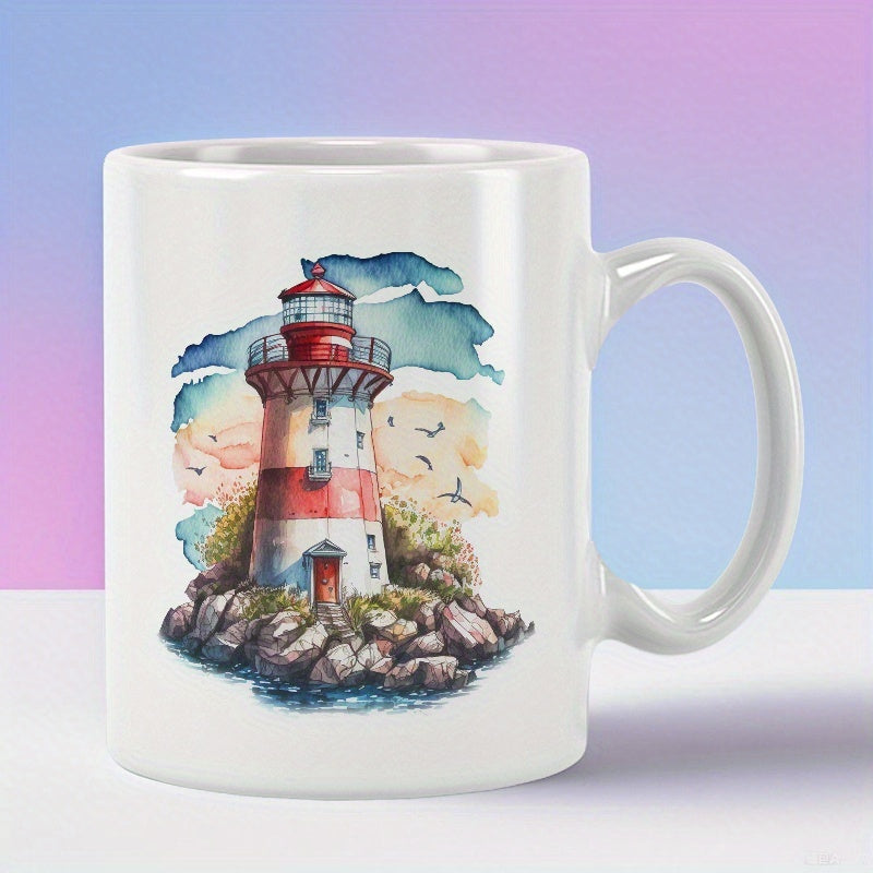 Tailorly White Ceramic 11 oz Mug - Watercolor Coastal Scene With Birds Flying Near A Guiding Marine Lighthouse