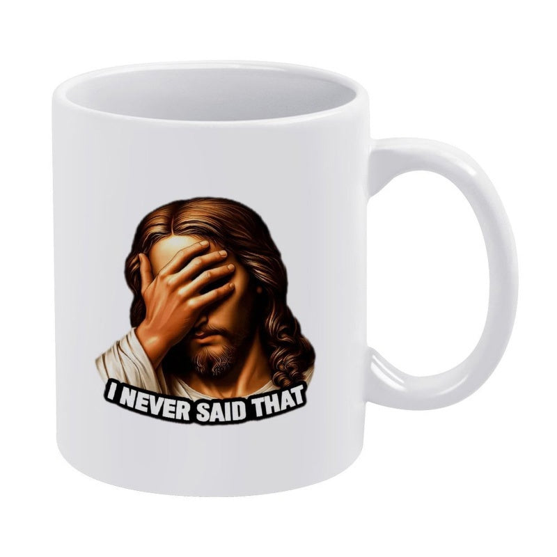 Tailorly White Ceramic 11 oz Mug - I Never Said That Illustrative Religious Figure Performing Facepalm Expressing Total Disbelief Jesus