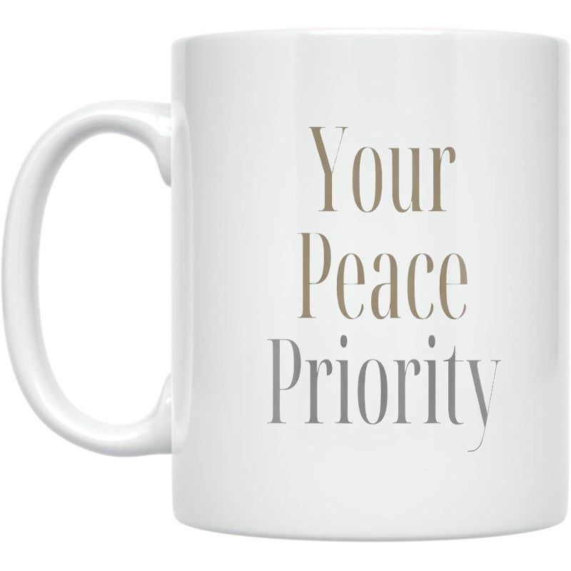 Tailorly White Ceramic 11 oz Mug - Your Peace Priority Minimalist White Ceramic Texture With Elegant Tall Serif Typography Mug