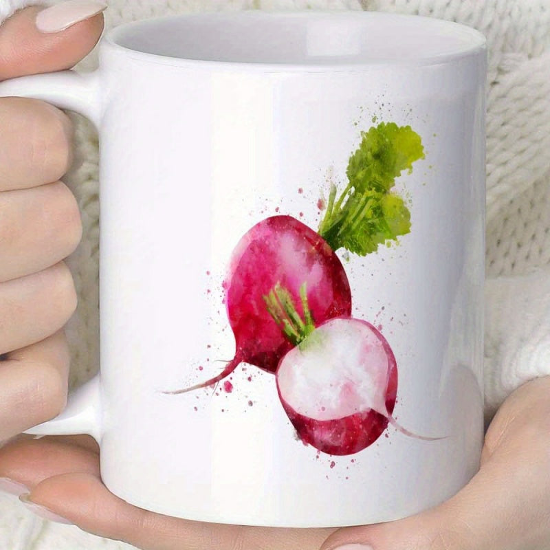 Tailorly White Ceramic 11 oz Mug - Artistic Watercolor Style With Vibrant Red Tones And Green Leaves Fresh Vegetable Radish