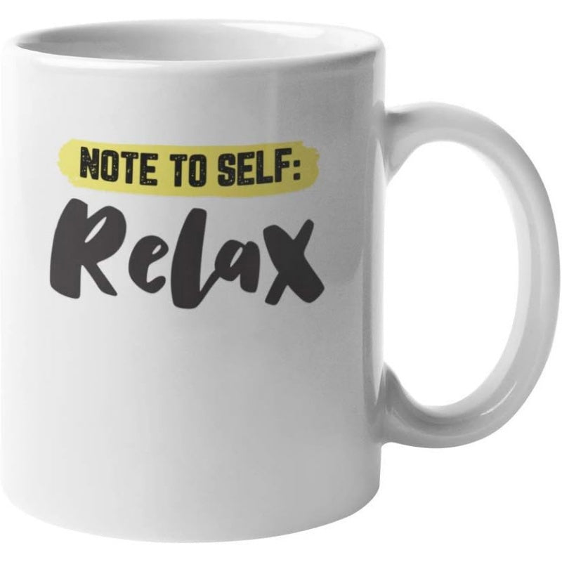 Tailorly White Ceramic 11 oz Mug - Note To Self Relax Minimalist White Ceramic With Yellow Highlight And Bold Handwritten Text Mug