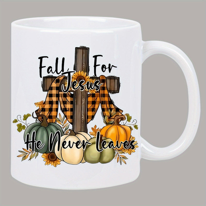 Tailorly White Ceramic 11 oz Mug - Fall For Jesus He Never Leaves Rustic Wooden Cross With Plaid Scarf And Various Autumn Pumpkins Cross