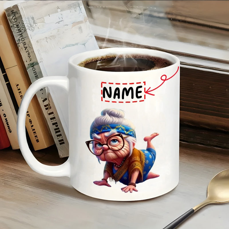 Tailorly White Ceramic 11 oz Mug - Name Cartoon Stylized Elderly Woman Wearing Glasses Doing Yoga Cobra Pose Grandmother