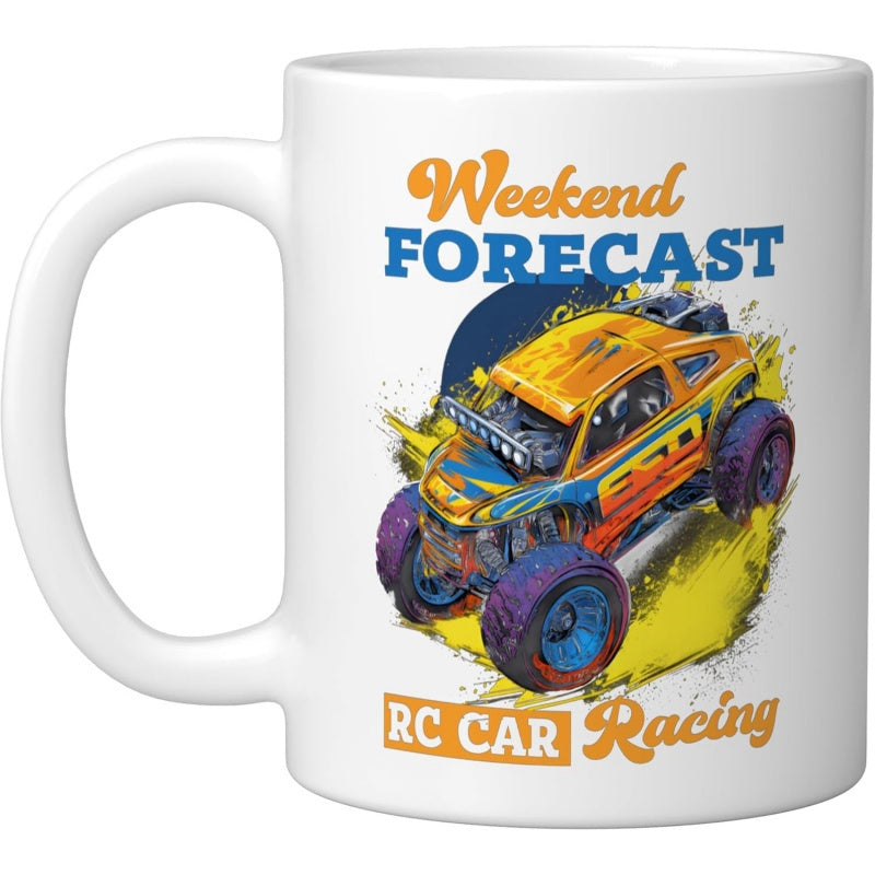 Tailorly White Ceramic 11 oz Mug - Weekend Forecast RC Car Racing Vibrant Monster Truck Speeding Through Bright Splashes Under A Circle Background Racing Car