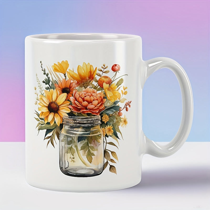 Tailorly White Ceramic 11 oz Mug - Vibrant Sunflowers And Peonies Nestled Inside A Clear Glass Mason Jar