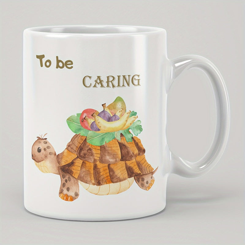 Tailorly White Ceramic 11 oz Mug - To Be Caring Watercolor Style Walking Gently Carrying Basket Of Fresh Fruits Tortoise