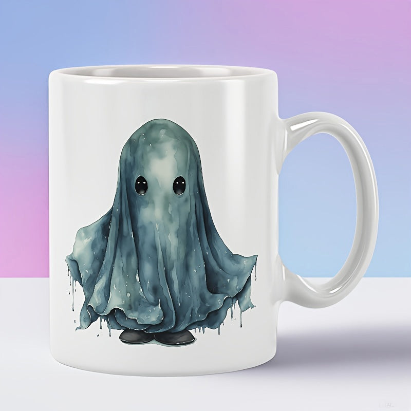 Tailorly White Ceramic 11 oz Mug - Adorable Small Watercolor Draped Sheet Floating Among Spooky Halloween Atmosphere Ghost