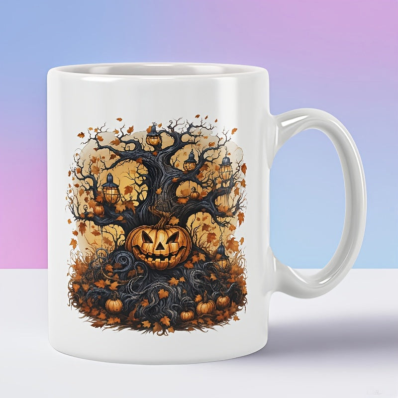 Tailorly White Ceramic 11 oz Mug - Spooky Twisted Tree With Falling Autumn Leaves And Glowing Halloween Pumpkin