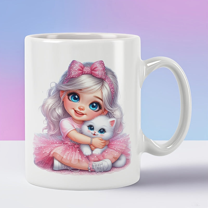 Tailorly White Ceramic 11 oz Mug - Adorable Silver Haired Princess Hugging Small Fluffy White Kitten Girl