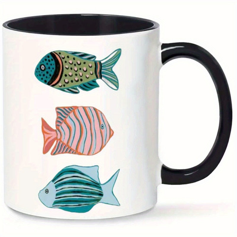Tailorly Black Accent 11 oz Mug - three colorful fish bright ocean print sea life