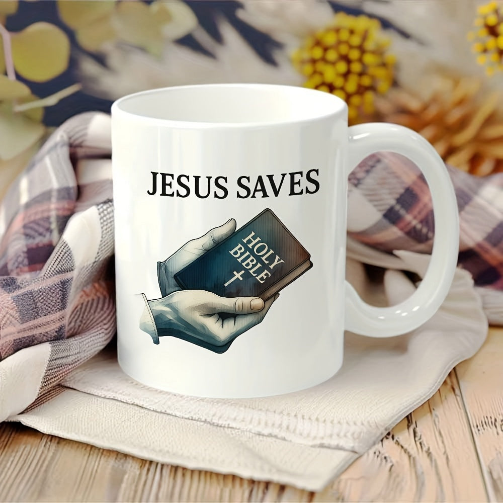 Tailorly White Ceramic 11 oz Mug - Jesus Saves Graceful Hand Holding A Traditional Sacred Religious Holy Book Bible