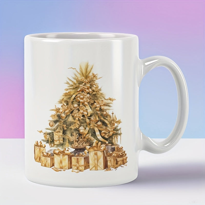 Tailorly White Ceramic 11 oz Mug - Golden Ornate Christmas Tree Surrounded By Beautifully Wrapped Holiday Gift Boxes Tree