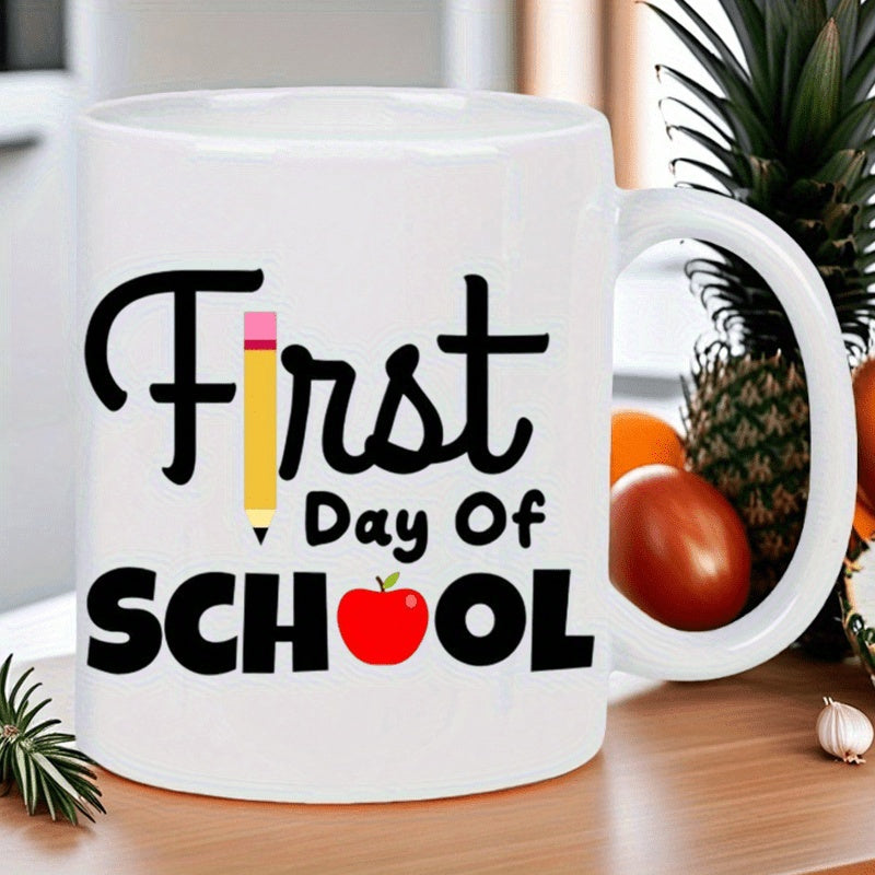 Tailorly White Ceramic 11 oz Mug - First Day Of School Vibrant Yellow Pencil And Red Apple Featured Within Bold Black Script Design