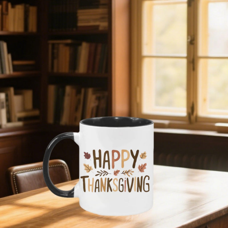 Tailorly Black Accent 11 oz Mug - happy thanksgiving turkey design brown lettering