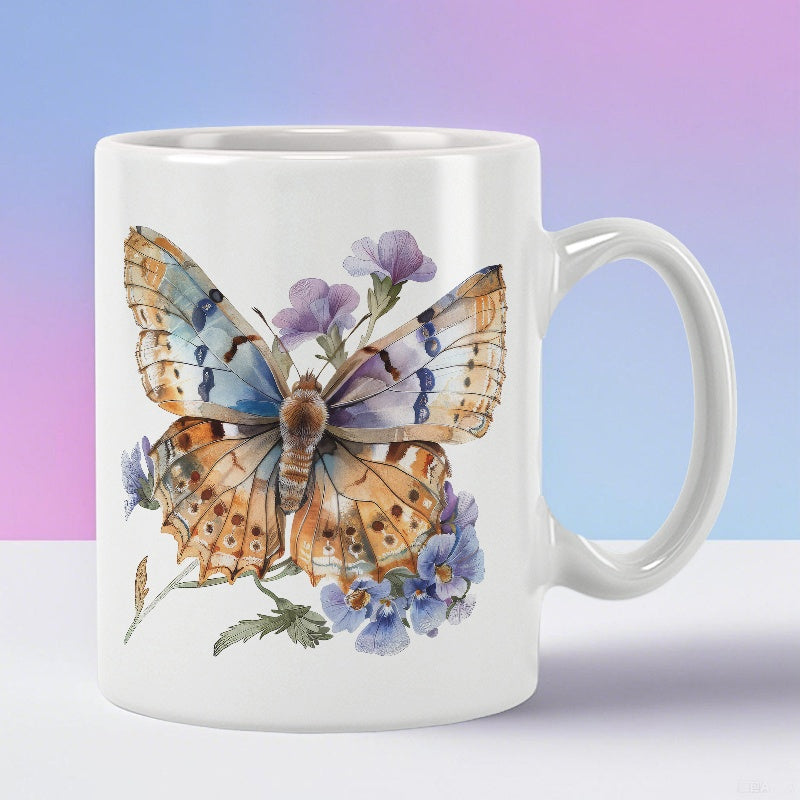 Tailorly White Ceramic 11 oz Mug - Beautiful Watercolor Wings Resting Gently Among Delicate Purple Garden Flowers Butterfly