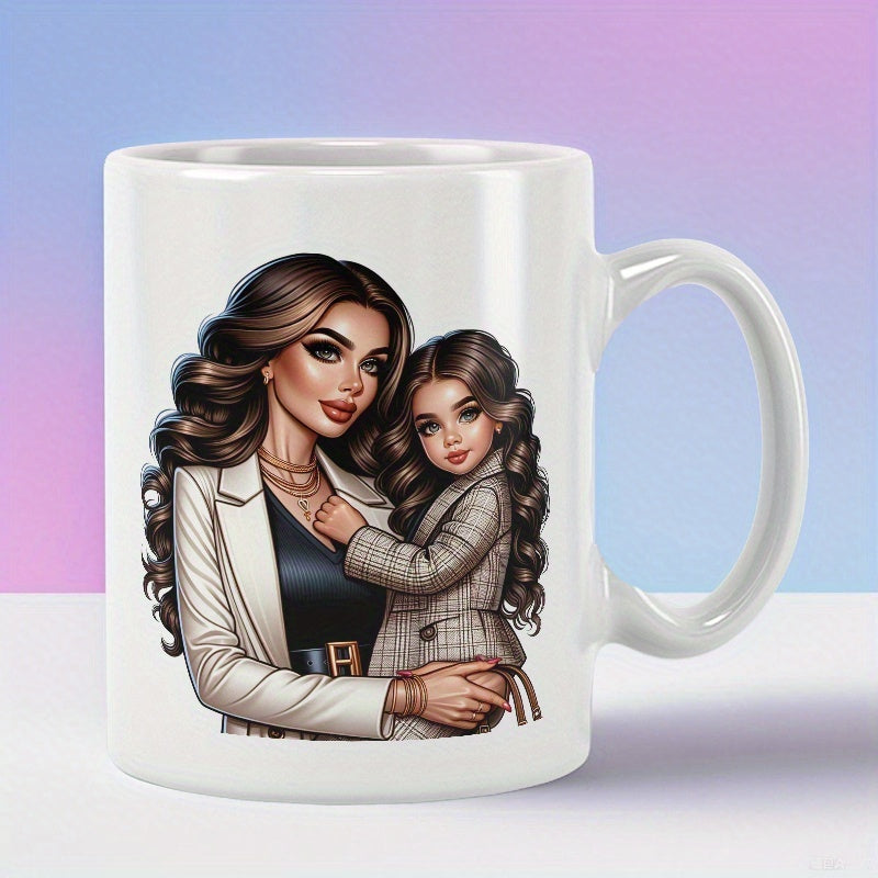 Tailorly White Ceramic 11 oz Mug - Beautiful Elegant Woman Embracing Her Young Daughter With Wavy Hair Mother