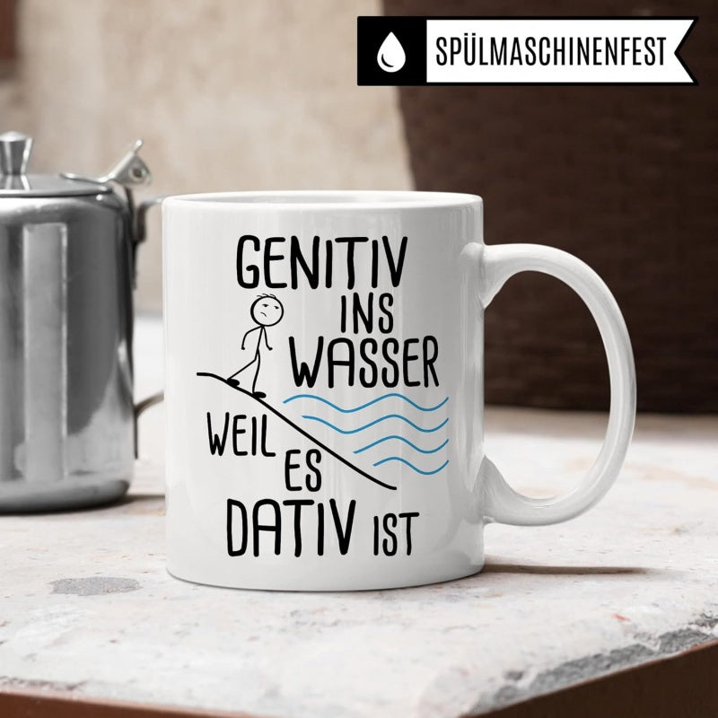 Tailorly White Ceramic 11 oz Mug - Minimalist Stick Figure Walking Down Slope Towards Calm Blue Waves Figure