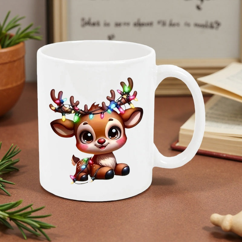 Tailorly White Ceramic 11 oz Mug - Adorable Cartoon Reindeer Wrapped In Colorful Glowing Christmas String Lights Reindeer