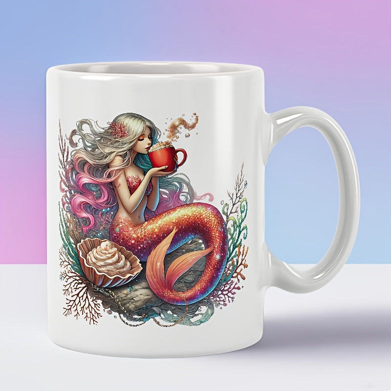 Tailorly White Ceramic 11 oz Mug - Beautiful Blonde Figure Holding Steaming Coffee Cup Near Ocean Corals Mermaid